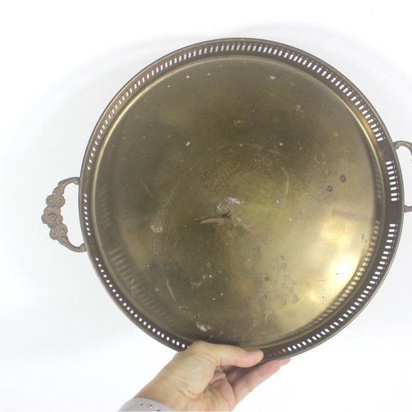 Vintage 12” Brass Gallery Tray with Floral Handles for Serving Drinks - Picture 2 of 8